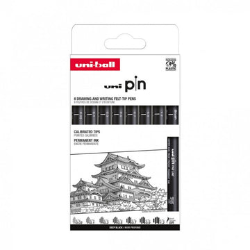Set 8x Liner UNI PIN-200 ASP010, pe baza de apa, varf 0.03-1.2mm + pensula, negru