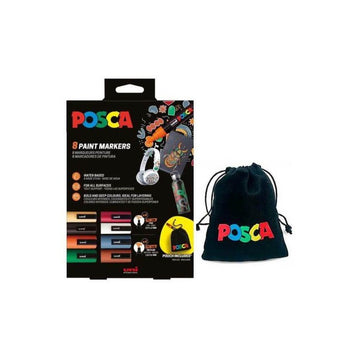 Set 8x Marker UNI Posca (4xPC-5M si 4xPC-3M), varf rotund, cutie carton + saculet textil model 2025