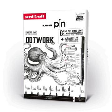 Set cadou 8x Liner UNI PIN-200 DOTWORK, 1 creion mecanic 0.5, 4 tutoriale carton