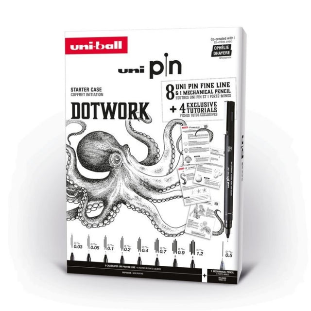 Set cadou 8x Liner UNI PIN-200 DOTWORK, 1 creion mecanic 0.5, 4 tutoriale carton