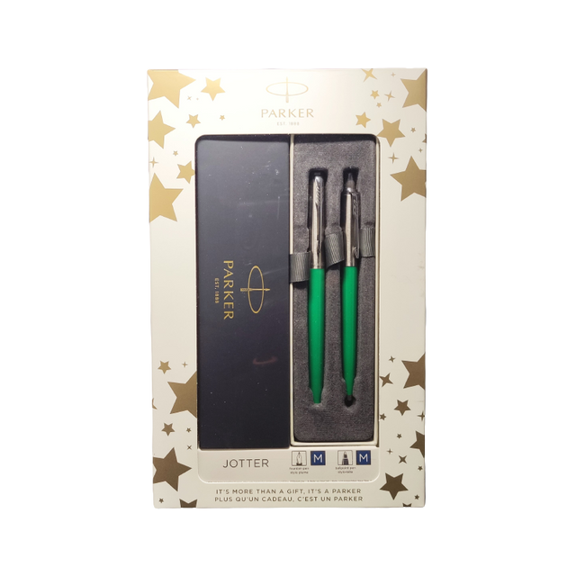Set cadou stilou + pix Parker Jotter clasic, corp metalic verde