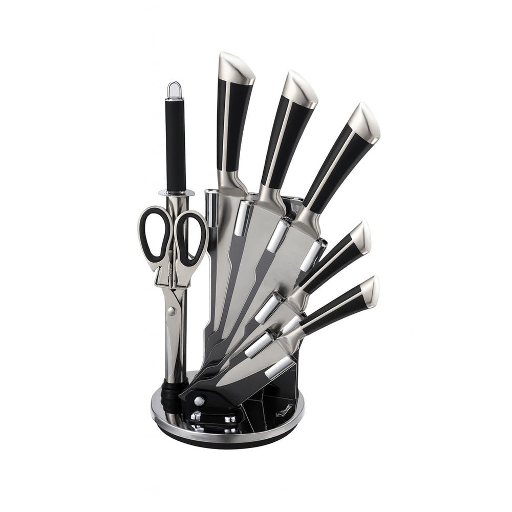 Set cutite Zilan 8 piese, otel inoxidabil 3CR13, suport acrilic 360°, ZLN1634, negru