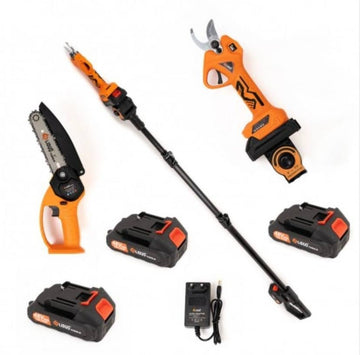 Set foarfeca electrica Pexor doolong, mini drujba, brat telescopic 2m, 2 acumulatori 36V, unghi reglabil, negru-portocaliu