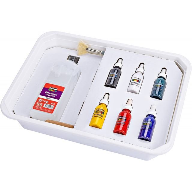Set marmorizare EBRU, 6 culori, 4 pensule, 1 sula, 10 coli A4, tava, agent ingrosare, NovaColor, NC-239