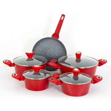 Set oale gatit ZILAN 9 piese, aluminiu interior granit baza 3 straturi, capace sticla, ZLN-3260, rosu