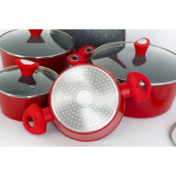Set oale gatit ZILAN 9 piese, aluminiu interior granit baza 3 straturi, capace sticla, ZLN-3260, rosu
