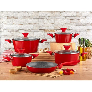 Set oale gatit ZILAN 9 piese, aluminiu interior granit baza 3 straturi, capace sticla, ZLN-3260, rosu