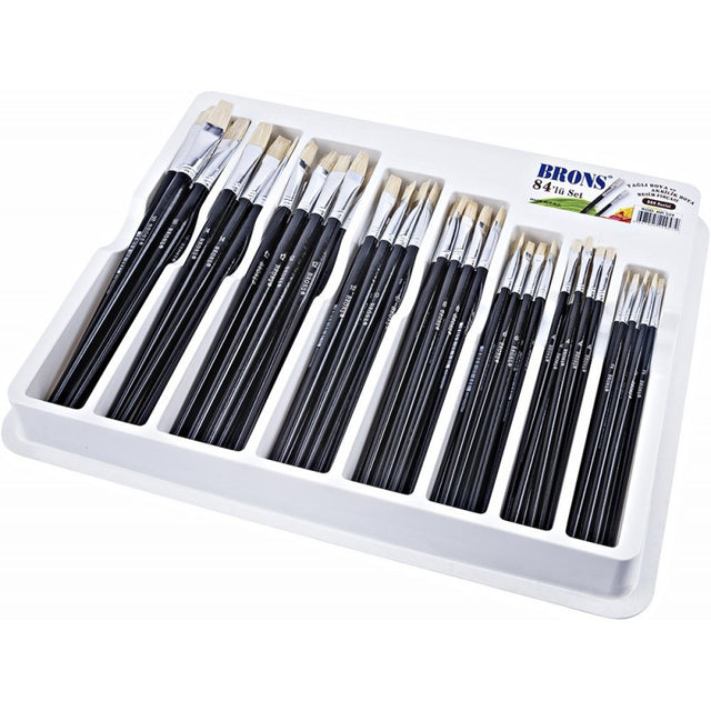 Pensula Brons BR-524, varf lat, nr. 2-16, pictura cu ulei/culori acrilice, set 84 buc/tavita PVC