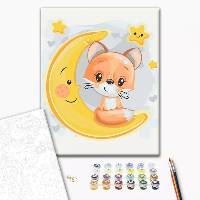 Set Pictura pe numere 30x40cm, Brushme - Vulpita pe luna - panza, cadru de lemn, pensule, culori acrilice, KBS0108