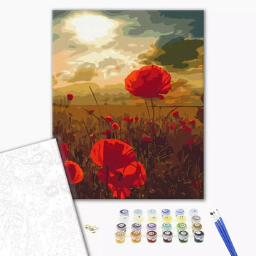 Set Pictura pe numere 40x50cm, Brushme - Camp cu maci - panza, cadru de lemn, pensule, culori acrilice, BS51961