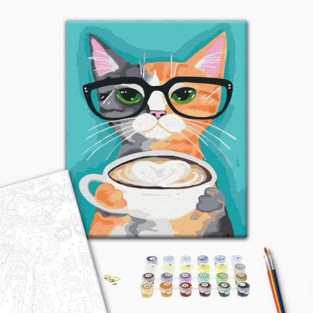 Set pictura pe numere 40x50cm, Brushme - Pisica la o cafea - pensule, culori, BS22698