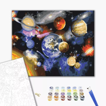 Set pictura pe numere 40x50cm, Brushme - Planetele in galaxie - pensule, culori, BS22268