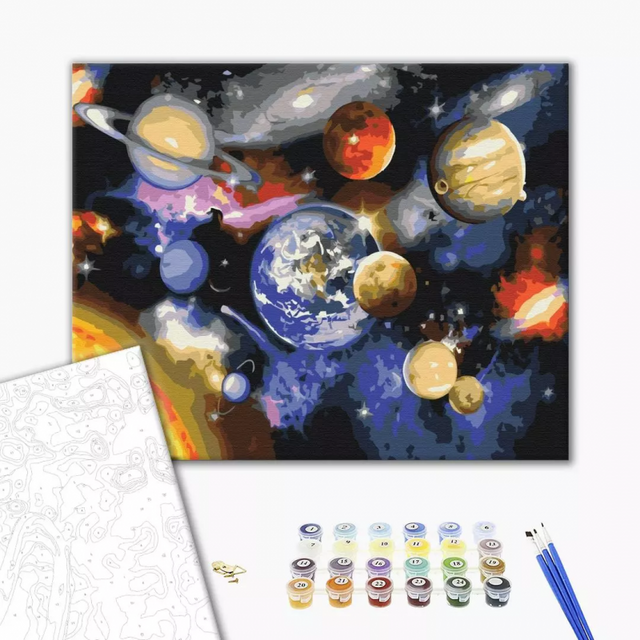 Set pictura pe numere 40x50cm, Brushme - Planetele in galaxie - pensule, culori, BS22268