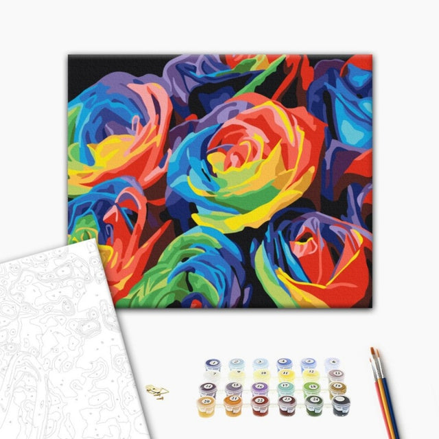 Set pictura pe numere 40x50cm, Brushme - Trandafiri curcubeu - pensule, culori, BS057