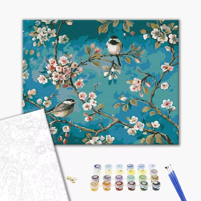 Set pictura pe numere 40x50cm, Brushme - Vrabiute pe ramuri - pensule, culori, BS435