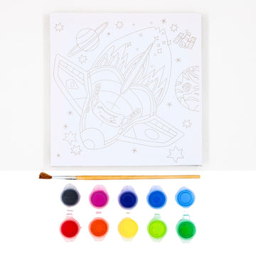 Set pictura pe panza imprimata 15.5x15.5cm, Nava spatiala - acuarele, pensula, cadru de lemn, Colorarte, MY18