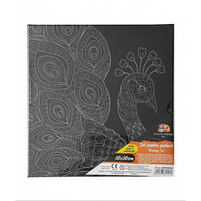 Set pictura pe panza neagra imprimata 30x30cm, Pigna - Paun - acuarele, pensule, accesorii, PP303N98
