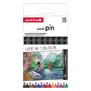 Set UNI PIN LIFE IN COLOUR, 8 linere 0.5mm, pe baza de apa, diverse culori