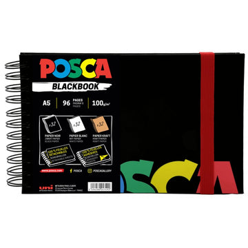 Sketchbook UNI Posca, A5, 96pag, cu spira, 3 tipuri de hartie (negru / alb / kraft) 100g/m2