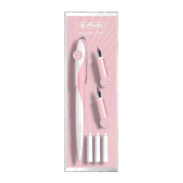 Stilou Herlitz My Pen 11360260, alimentare rezerve, corp plastic roz, pentru caligrafie cu 3 penite (0.9/1.4/1.9) + 3 rezerve