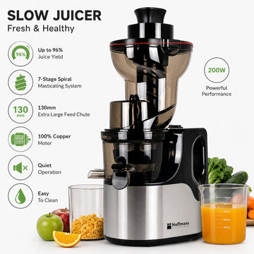 Storcator cu presare la rece Hoffmans HM-636, Slow Juicer, 200W, tub alimentare 130 mm, motor 100% cupru, extractie suc pana la 96%, negru/inox