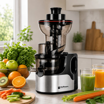 Storcator cu presare la rece Hoffmans HM-636, Slow Juicer, 200W, tub alimentare 130 mm, motor 100% cupru, extractie suc pana la 96%, negru/inox