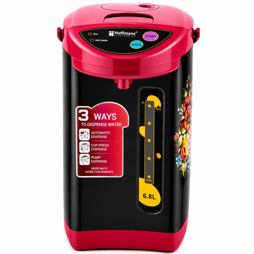 Termopot electric, Dispenser apa fierbinte/fierbator 6.8L Hoffmans HM-2568, 1000W, functie mentinere la cald, Negru/Roz