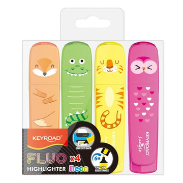 Textmarker Keyroad Jungle KR972176, varf tesit, pentru copii, set 4 culori fluorescente (galben, verde, orange, roz)