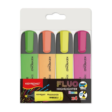 Textmarker Keyroad KR972163, varf tesit, pentru copii, set 4 culori fluorescente (galben, verde, orange, roz)