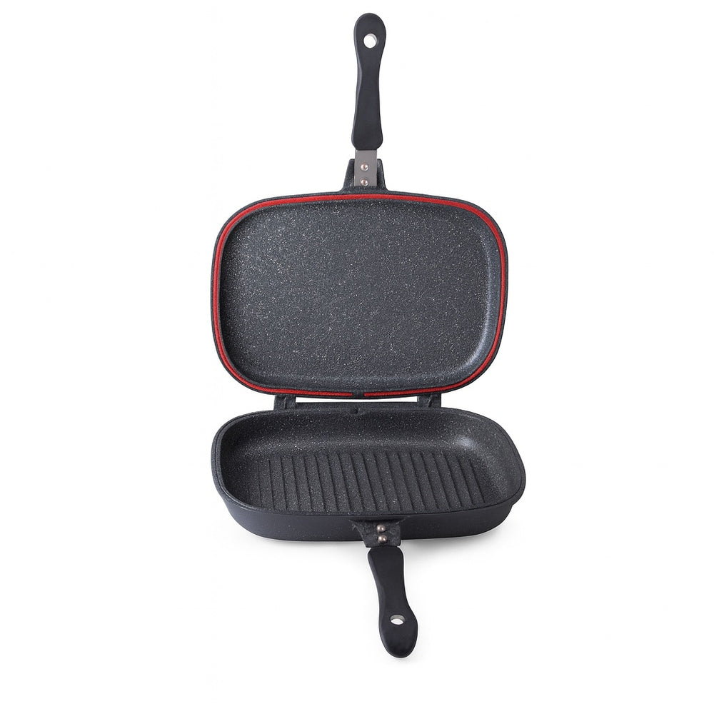 Tigaie dubla ZILAN, 30cm, aluminiu interior marmura, garnitura silicon, manere bachelita magnetice, ZLN9522, negru