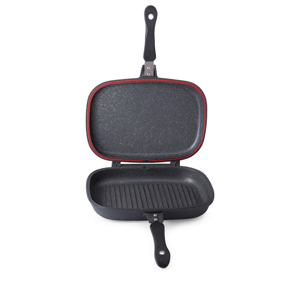 Tigaie dubla ZILAN, 30cm, aluminiu interior marmura, garnitura silicon, manere bachelita magnetice, ZLN9522, negru