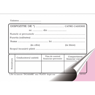 Tipizat - dispozitie casierie - A6, 2 exemplare, autocopiativ, carnet 50 seturi