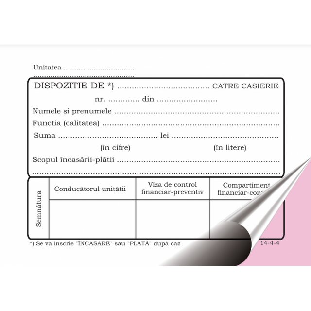 Tipizat - dispozitie casierie - A6, 2 exemplare, autocopiativ, carnet 50 seturi