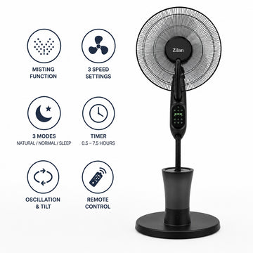 Ventilator cu pulverizare Zilan ZLN0977, 75W, 3 trepte viteza, timer, telecomanda, negru