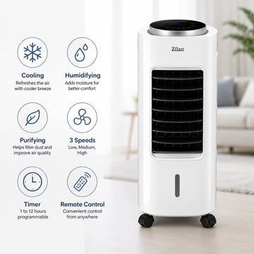 Ventilator racitor si purificator aer Zilan ZLN1314, 65W, rezervor 7L, timer, telecomanda, alb