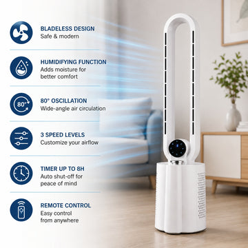 Ventilator turn fara palete Zilan ZLN1117, 40W, umidificare si ionizare, LED Touch, alb