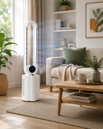 Ventilator turn fara palete Zilan ZLN1117, 40W, umidificare si ionizare, LED Touch, alb