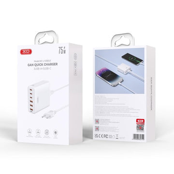 Statie Incarcare XO L133, GaN, PD75W, 3xUSB-C, 3xUSB-A, Cablu Alimentare 1.5m - Alb