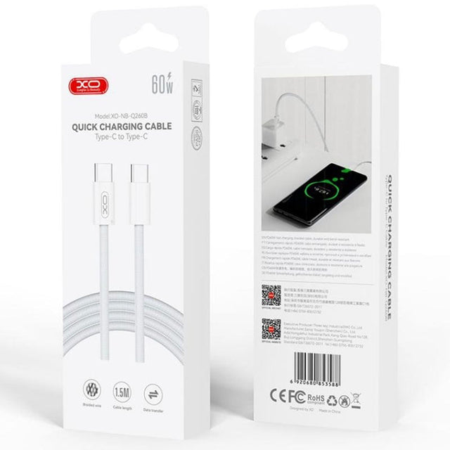 Cablu Date si Incarcare XO NB-Q260C, USB-C, PD60W, QC3.0, Braided, 3m - Alb